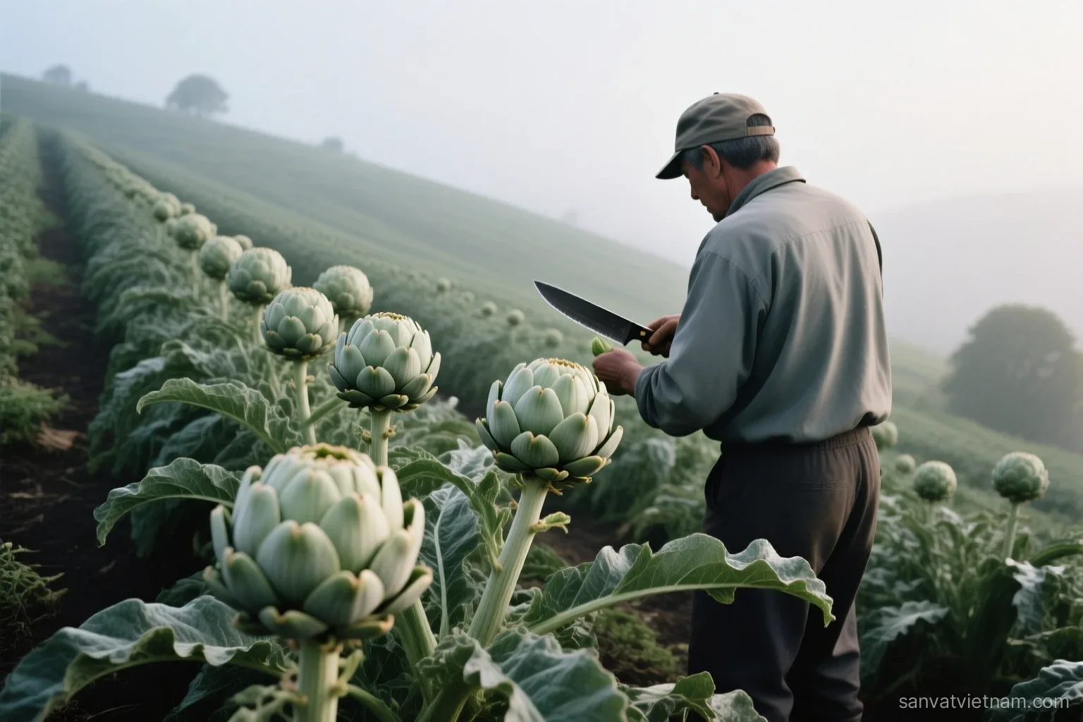 Rows of large silvery-green artichoke plants with tight round flower buds on a cool hillside farm, a farmer seen from behind cutting a bud with a knife, morning fog