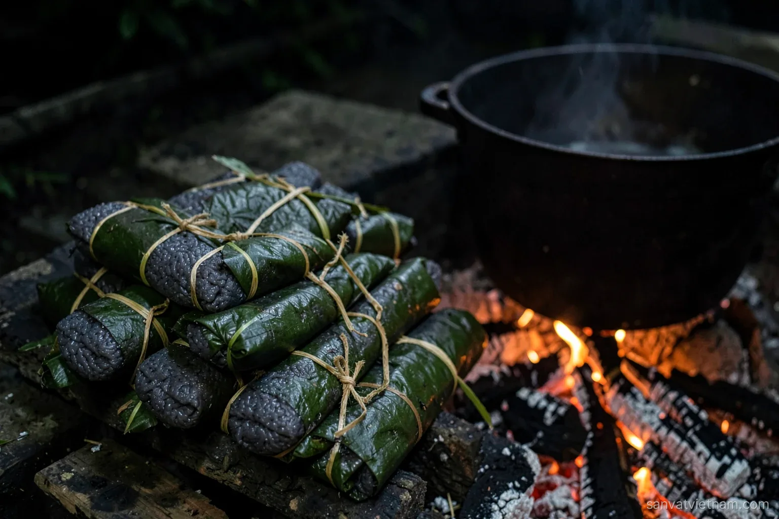 Several long dark grey rice cakes wrapped in green leaves and tied with bamboo strings stacked beside a large pot over a wood fire at night, glowing embers