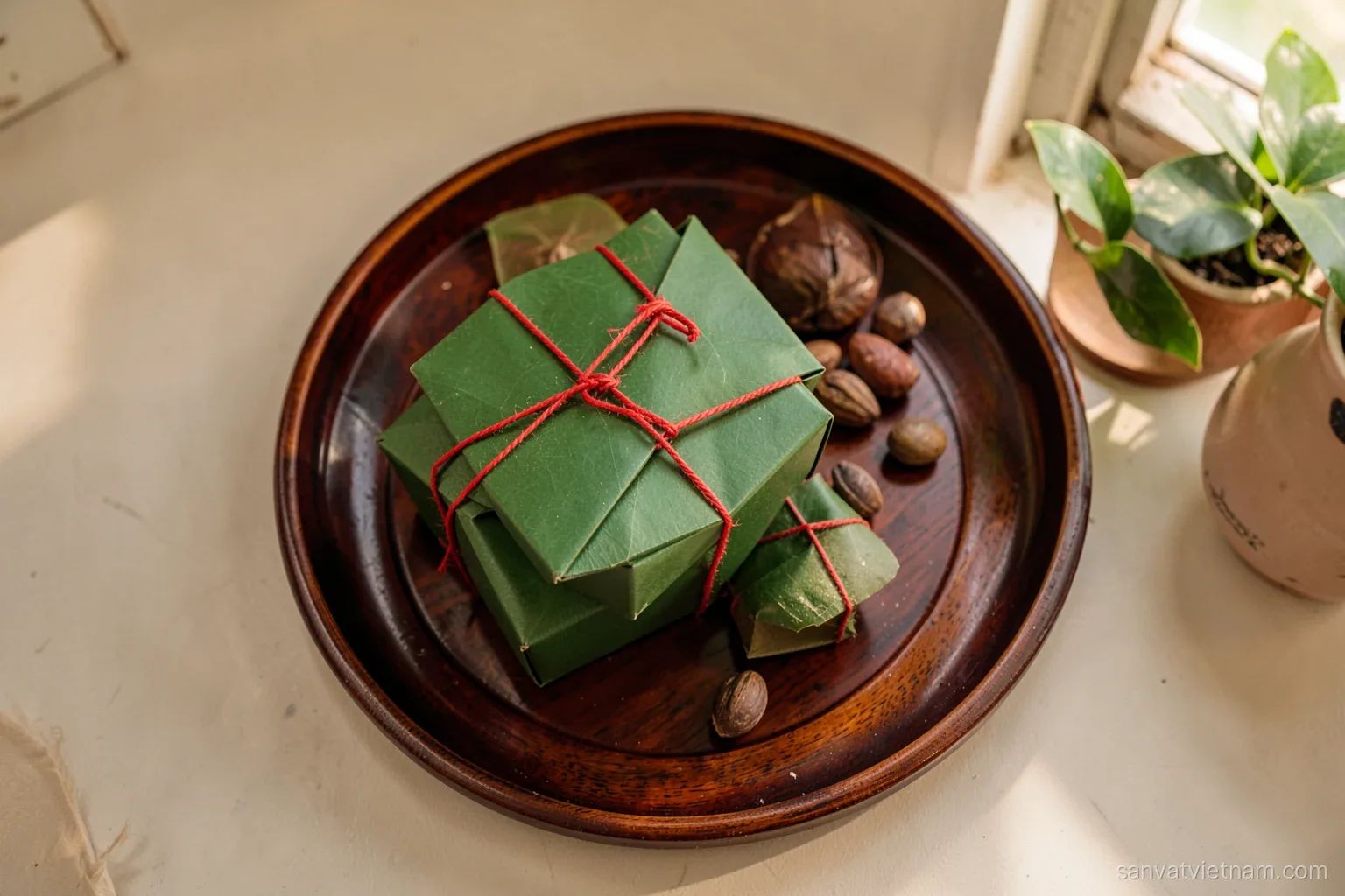 Overhead view of square green leaf boxes tied with red strings on a round lacquered tray beside betel nuts, warm daylight