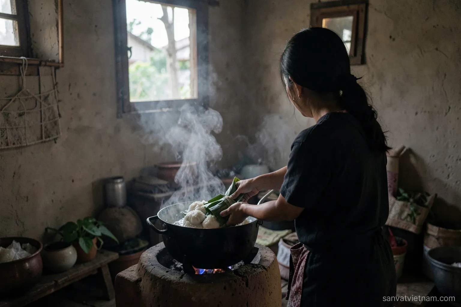 A woman seen from behind lifting flat leaf-wrapped rice cakes from a steaming pot on a clay stove, smoky rural kitchen at dusk