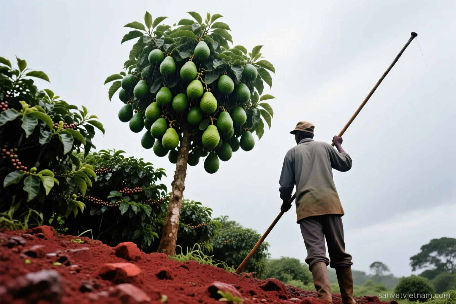 Low angle view of a tall avocado tree heavy with green pear-shaped fruit beside coffee shrubs on red basalt soil, a farmer seen from behind holding a long harvesting pole, rainy season sky
