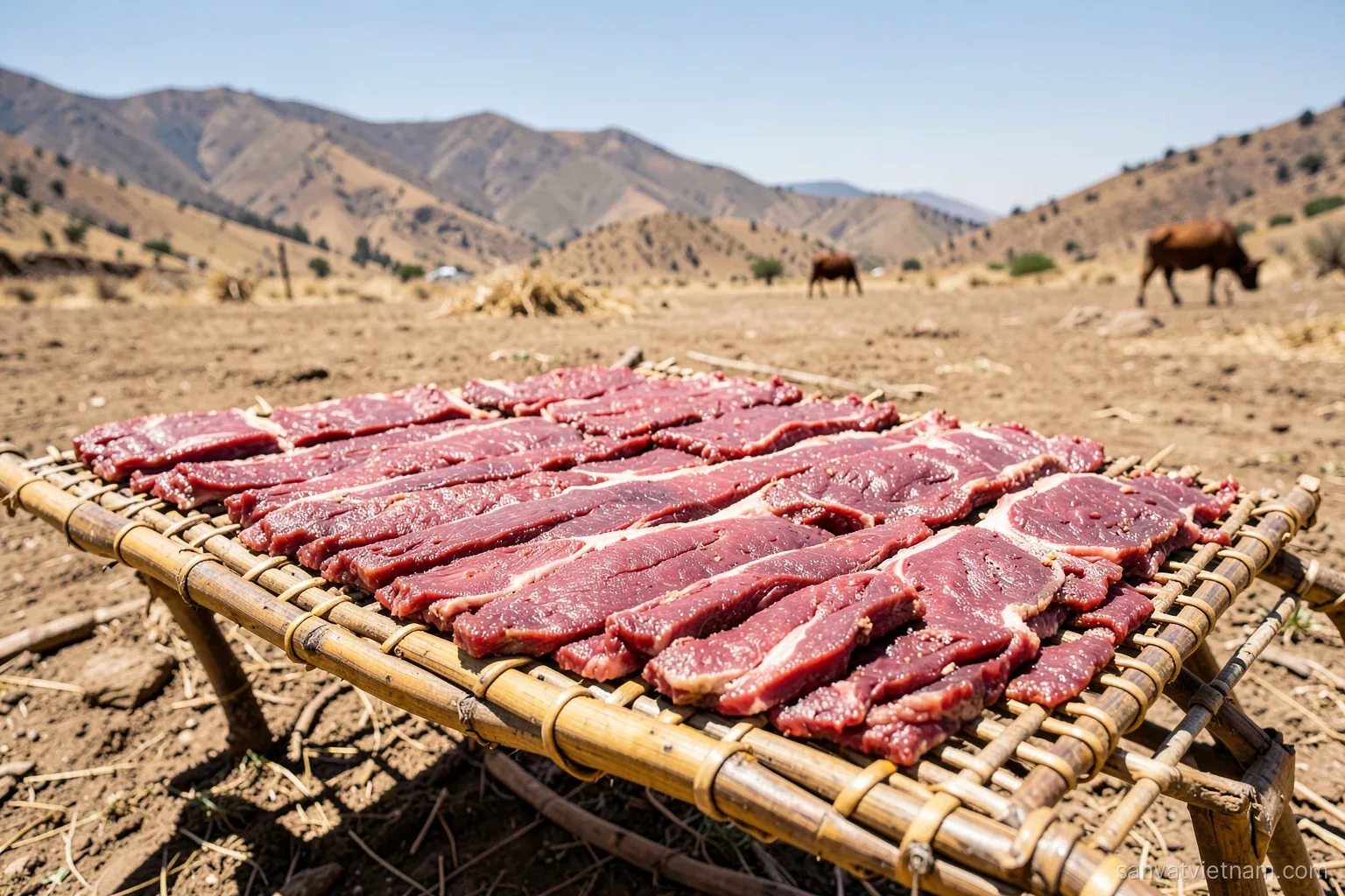 Thick strips of marinated red beef laid out on a woven bamboo rack under blazing sun in a dry highland yard, dusty hills and a few cattle grazing in the far background