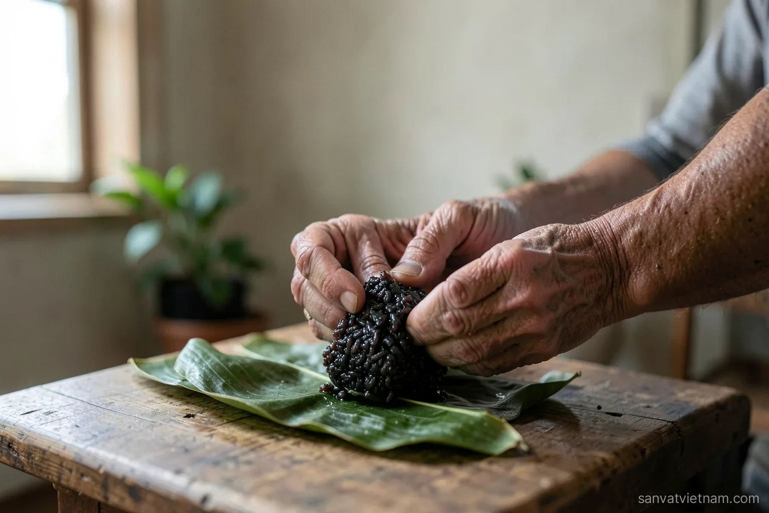 Wrinkled hands folding a dark sticky rice cake into dried banana leaves on a low wooden table, soft window light, side angle