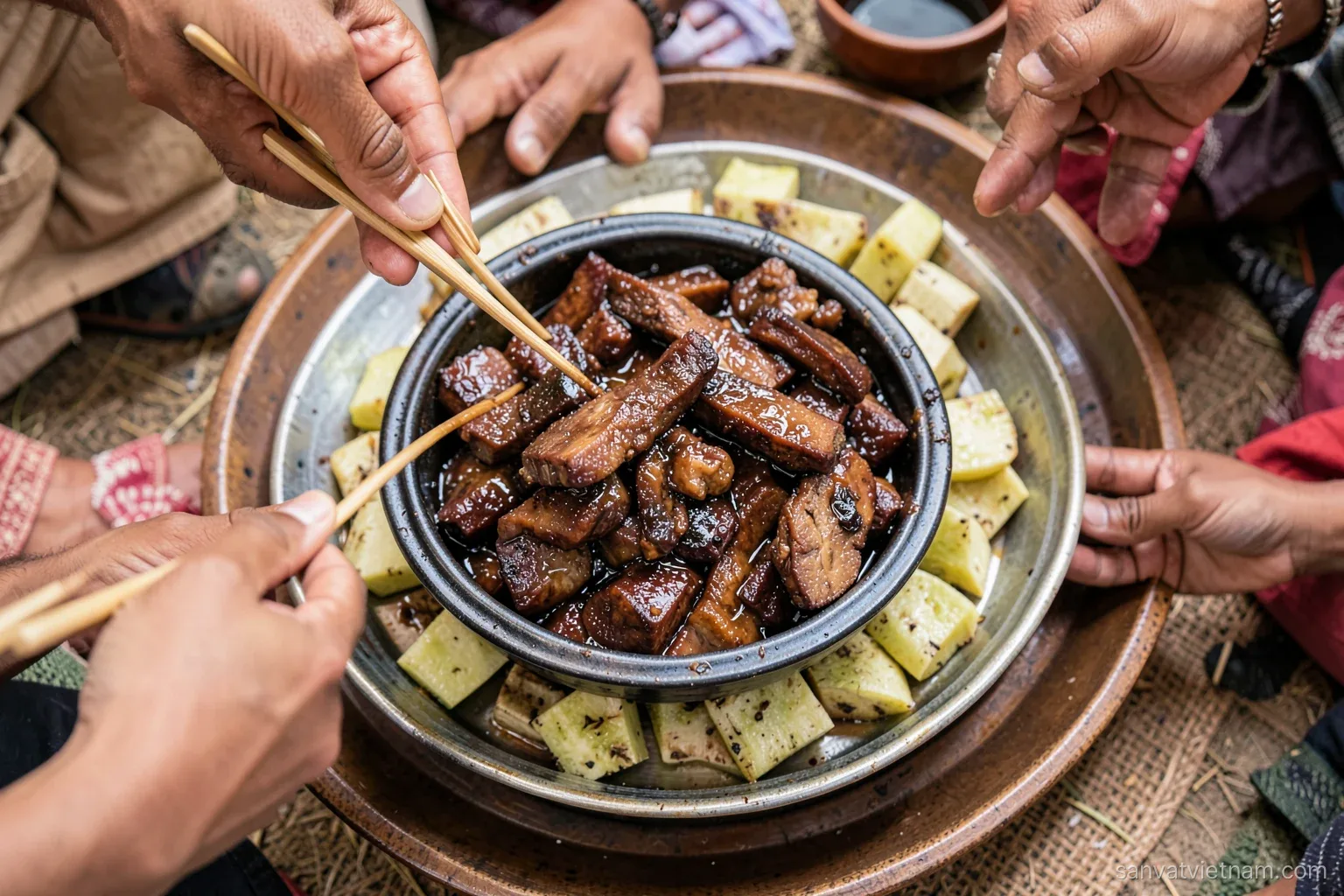 An upturned bowl of glossy dark braised pork belly slices layered with taro on a round tray at a village feast, family hands reaching with chopsticks, top-down