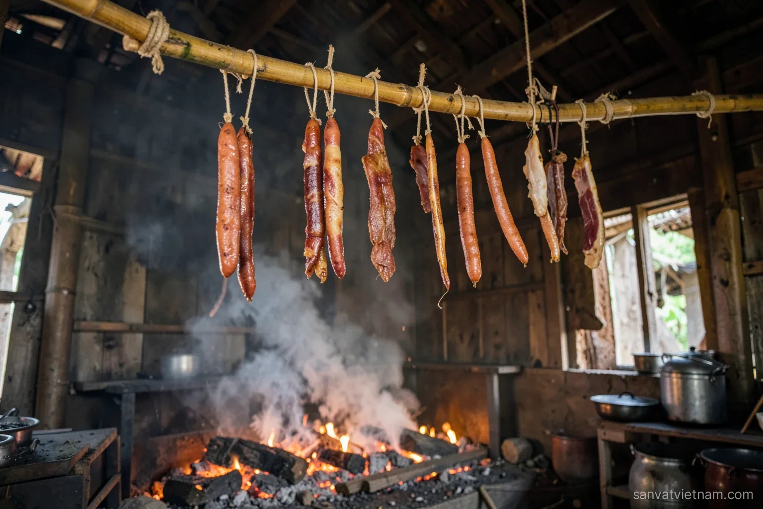 Long thin sausages and slabs of pork belly hanging from bamboo poles above a smoky kitchen hearth in a wooden house, warm ember glow, view from below