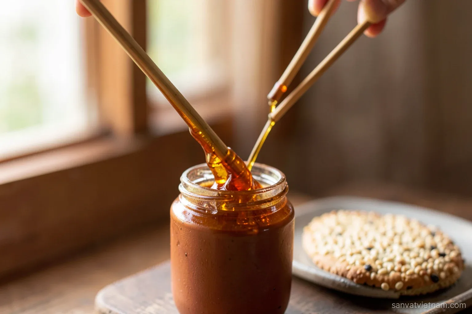 Close-up of two thin bamboo sticks twirling thick glossy amber malt syrup out of a small clay jar, warm window light, a round sesame rice cracker on a plate beside