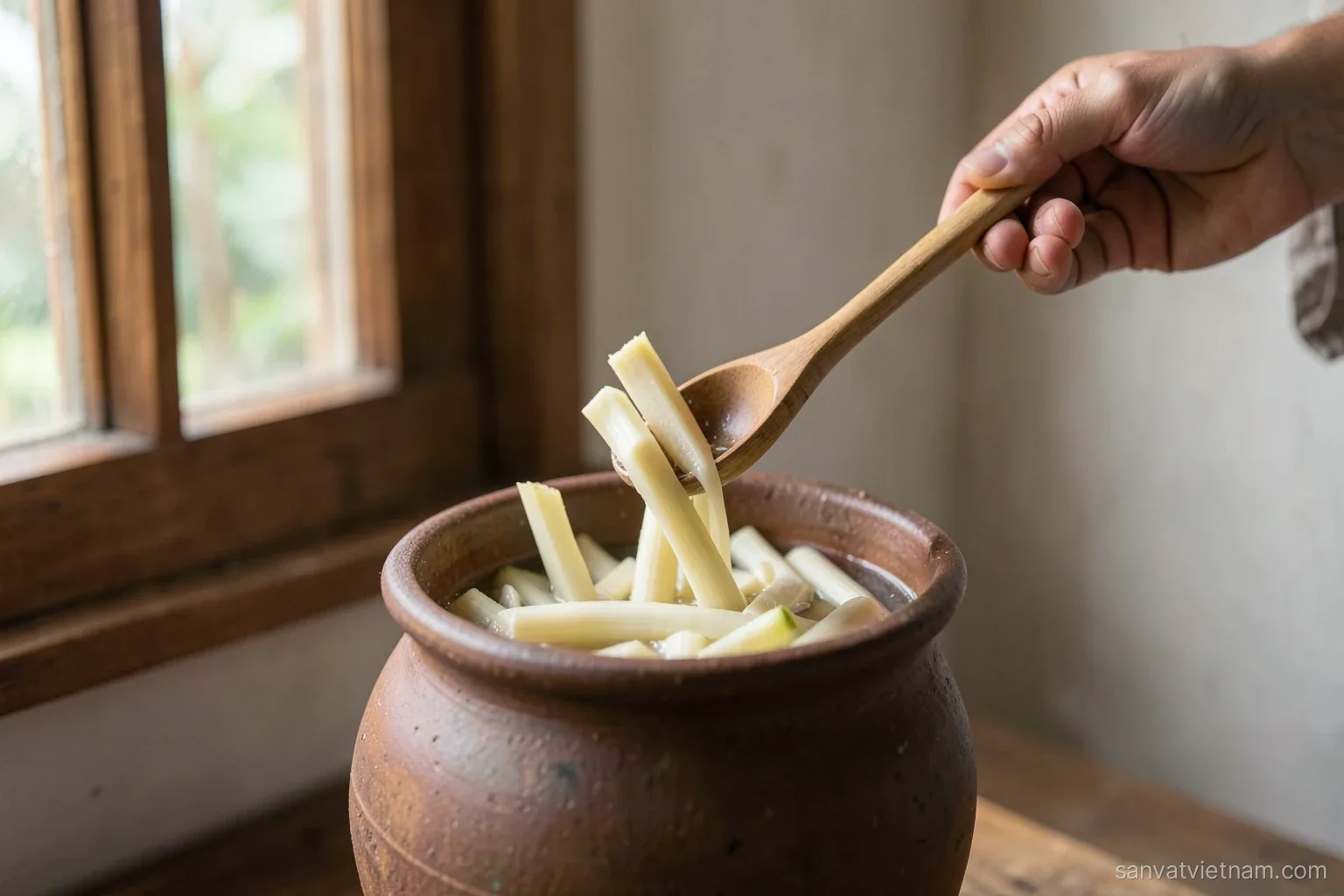 Close-up of pale bamboo shoot slices soaking in a large earthenware jar beside a wooden window, a hand lifting some with a bamboo ladle, soft side light