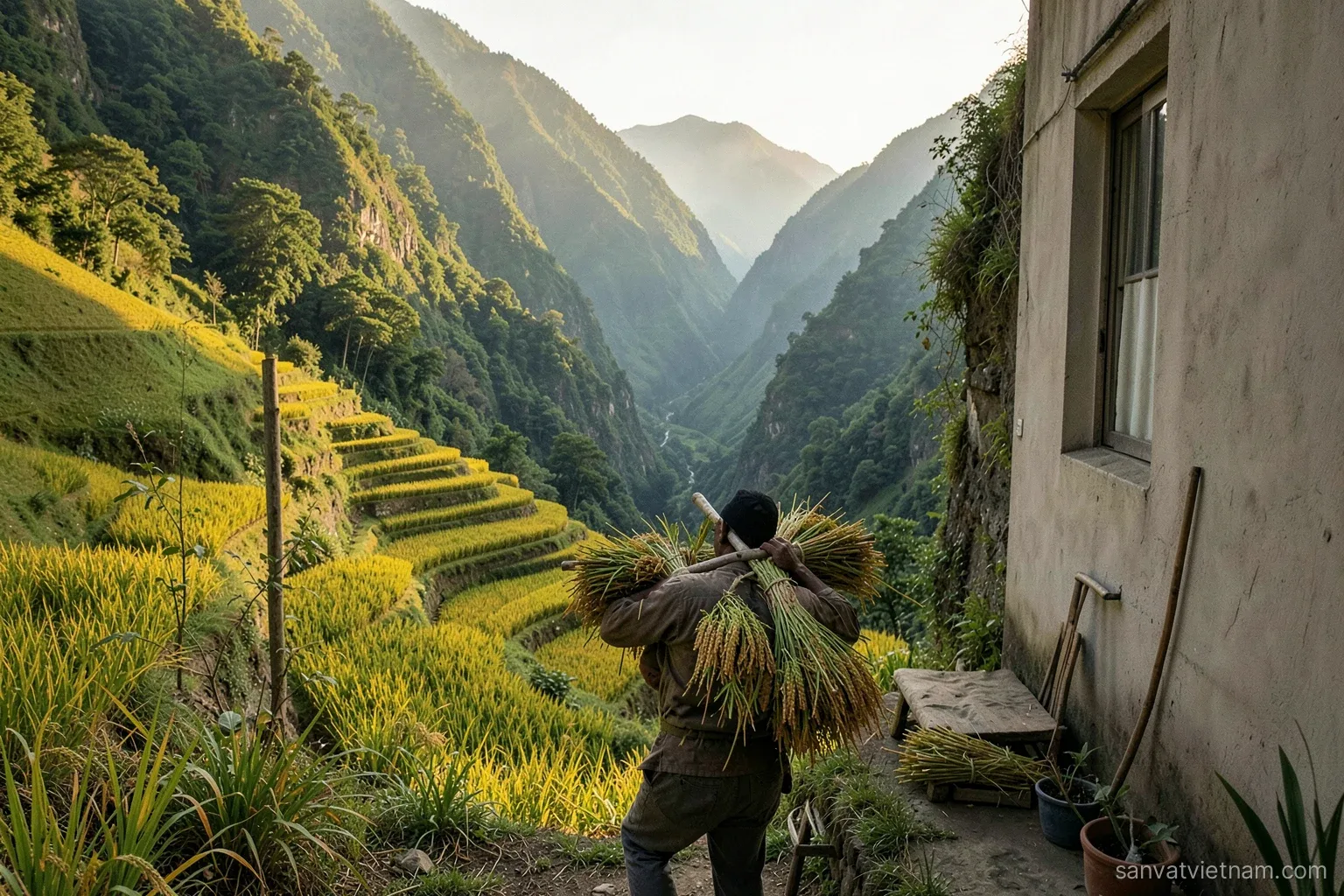 Golden rice terraces in a narrow valley below steep green mountains at late afternoon, a farmer carrying bundles of harvested rice on a shoulder pole seen from behind