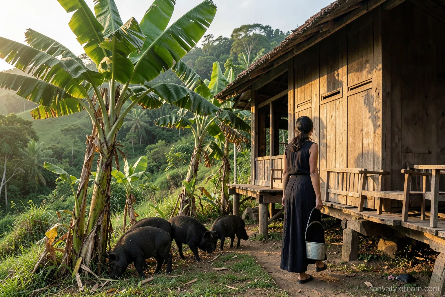 Several small dark pigs rooting under banana trees beside a wooden stilt house on a green hillside, a woman in a dark skirt seen from behind carrying a bucket, low morning sun