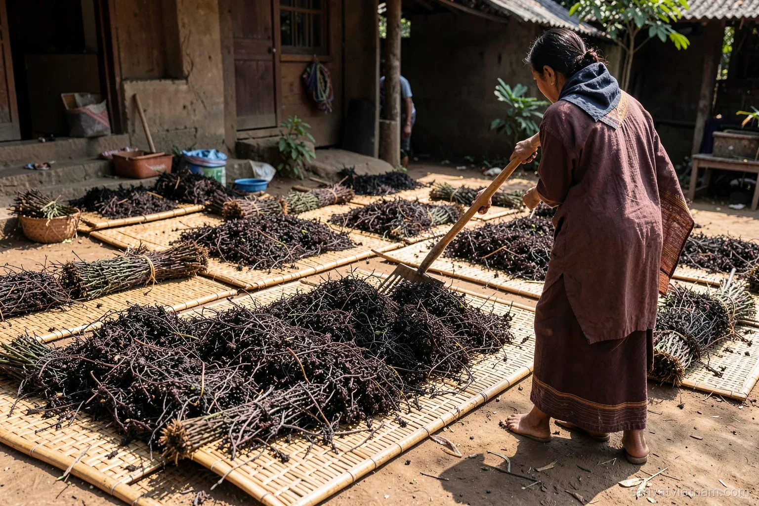 Bundles of dried dark herb stems spread on woven bamboo mats drying in the sun in a village yard, a woman turning them with a rake seen from behind