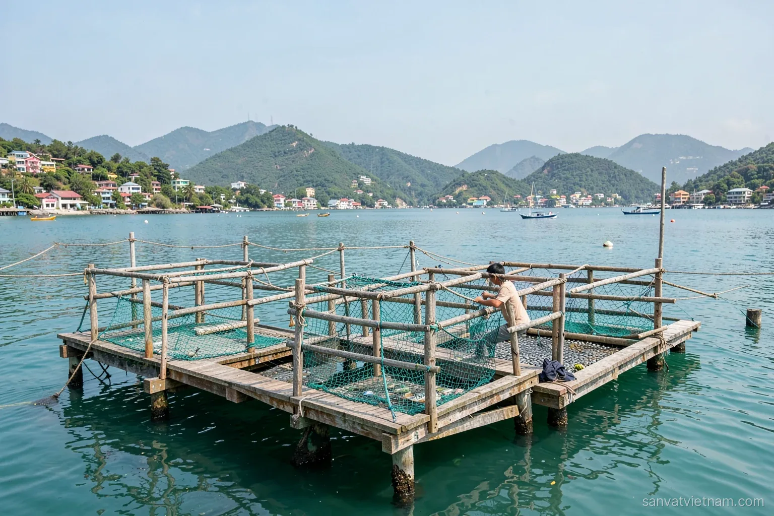 Wooden floating fish farm platforms with square cage frames in a calm turquoise bay, a man seen from behind lifting a net cage, small island hills and colourful houses beyond