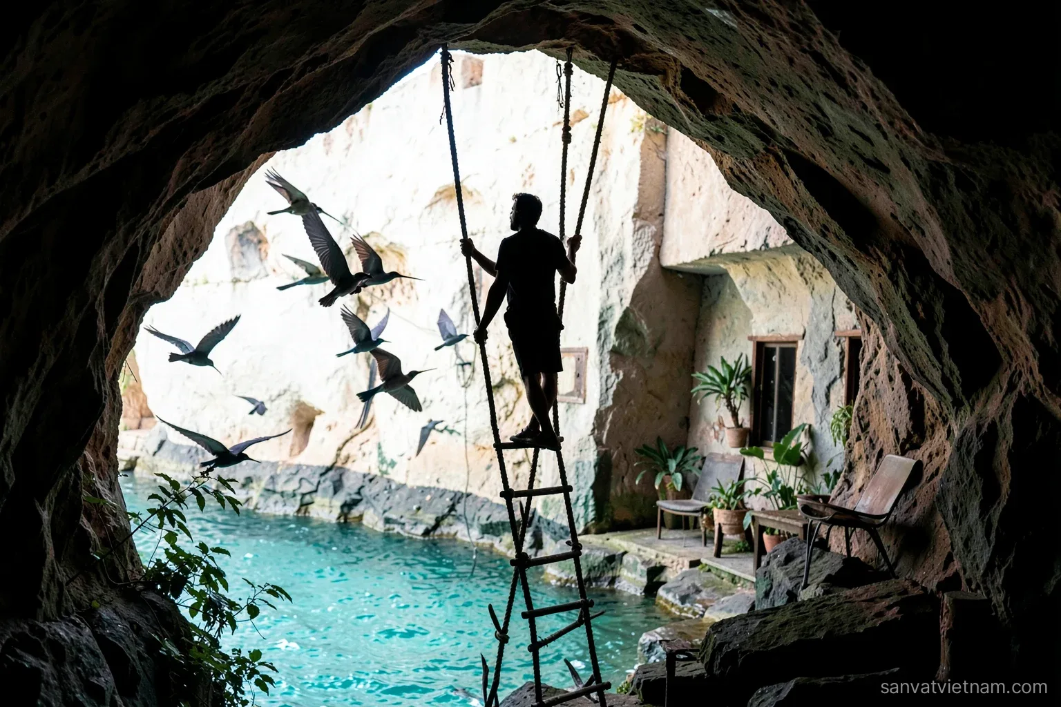 Silhouette of a man on a rope ladder against a sea cave wall, swiftlets in flight, turquoise water below, shot from inside the cave